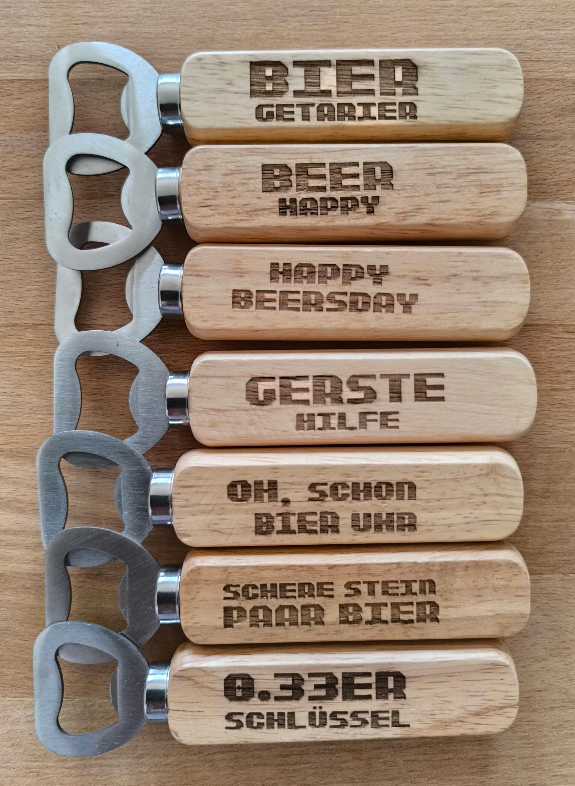 Flaschenöffner Holz mit Spruch oder Name