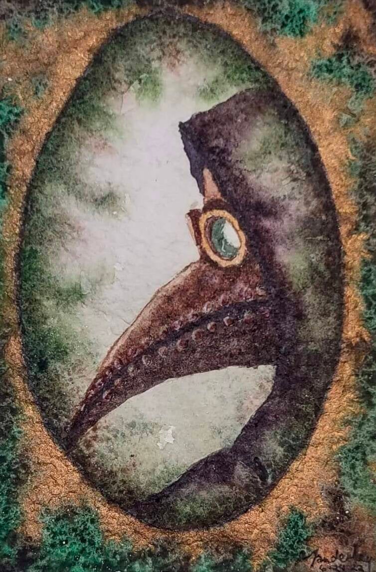 "Plague Doctor" watercolor, 5" x 7"