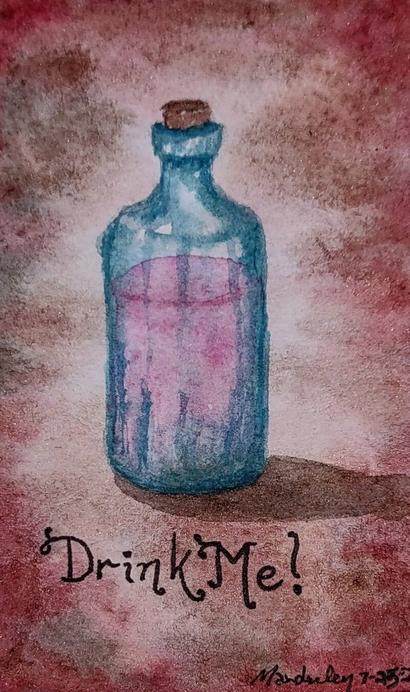 "Drink Me" watercolor, 2.5" x 3"
