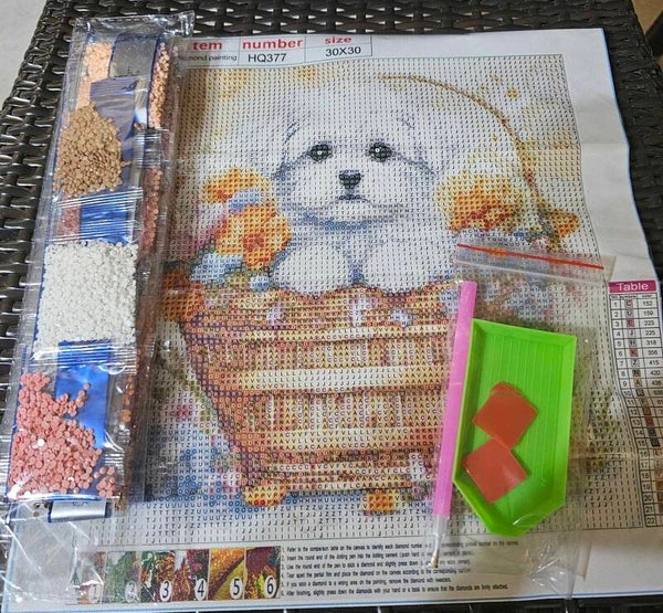 3030-0026 - Puppy in Basket DIY Diamond Art Kit 30x30