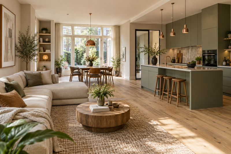 AI-inspiratiebeeld: lichte woonkamer met keuken, eiken vloer en warme afwerking.
