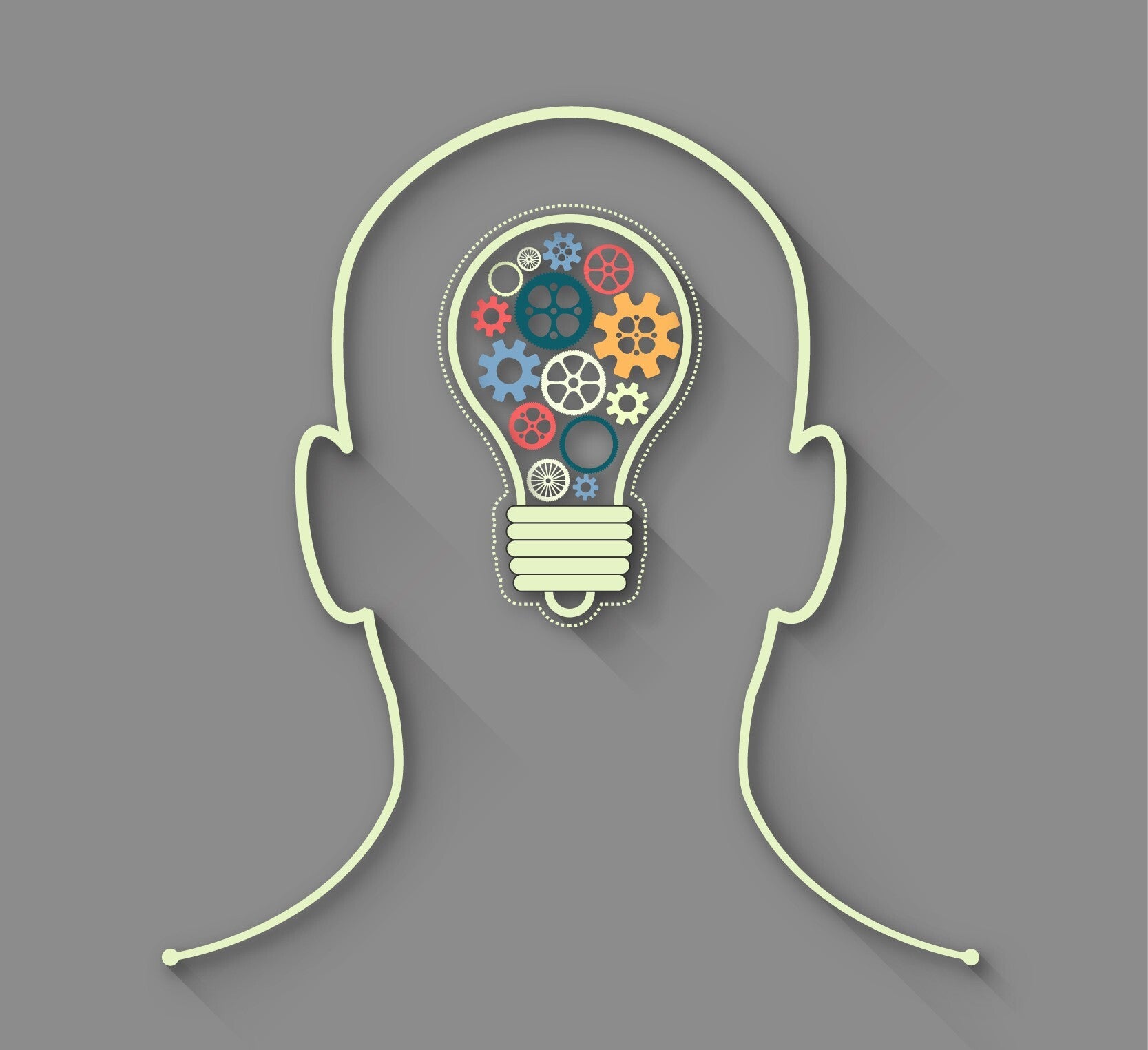 Silhouette eines Kopfes mit einer Glühbirne, gefüllt mit Zahnrädern in verschiedenen Farben. Der Kopf ist in einem hellen, minimalistischen Stil gezeichnet , Kontext Mediumship & Research Institut für Medialität & Afterlife Forschung.