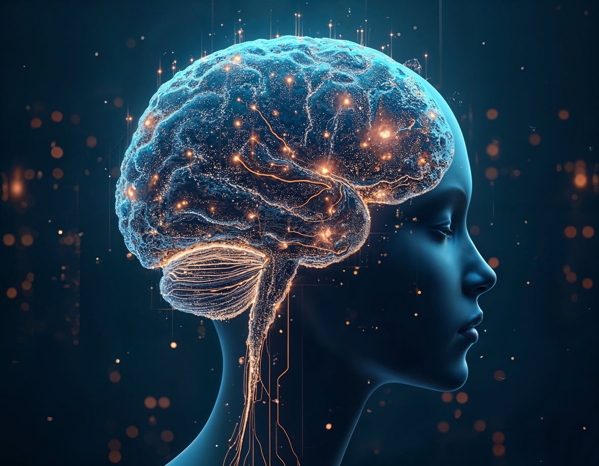 Grafik eines menschlichen Kopfes im Profil mit einem leuchtenden, detaillierten Gehirn, das von elektrischen Impulsen umgeben ist, Kontext Mediumship & Research Institut für Medialität & Afterlife Forschung.
