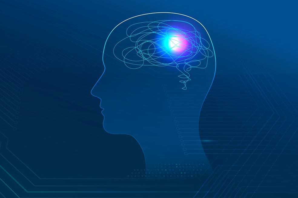 Silhouette eines Kopfes im Profil mit einem leuchtenden, bunten Punkt im Gehirn und wirbelnden Linien, die Gedanken darstellen, Kontext Blog Mediumship & Research Institut für Medialität & Afterlife Forschung.