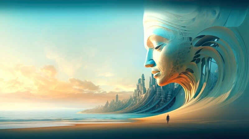 Eine Person geht am Strand entlang, während große Wellen und eine futuristische Stadt im Hintergrund sichtbar sind. Der Himmel ist in sanften Farben gehalten, Kontext Blog Mediumship & Research Institut für Medialität & Afterlife Forschung.