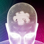 Drahtgittermodell eines Kopfes mit sichtbarem Gehirn, umgeben von binären Zahlen und einem farbverlaufenden Hintergrund in Blau und Rot, Kontext Mediumship & Research Institut für Medialität & Afterlife Forschung.
