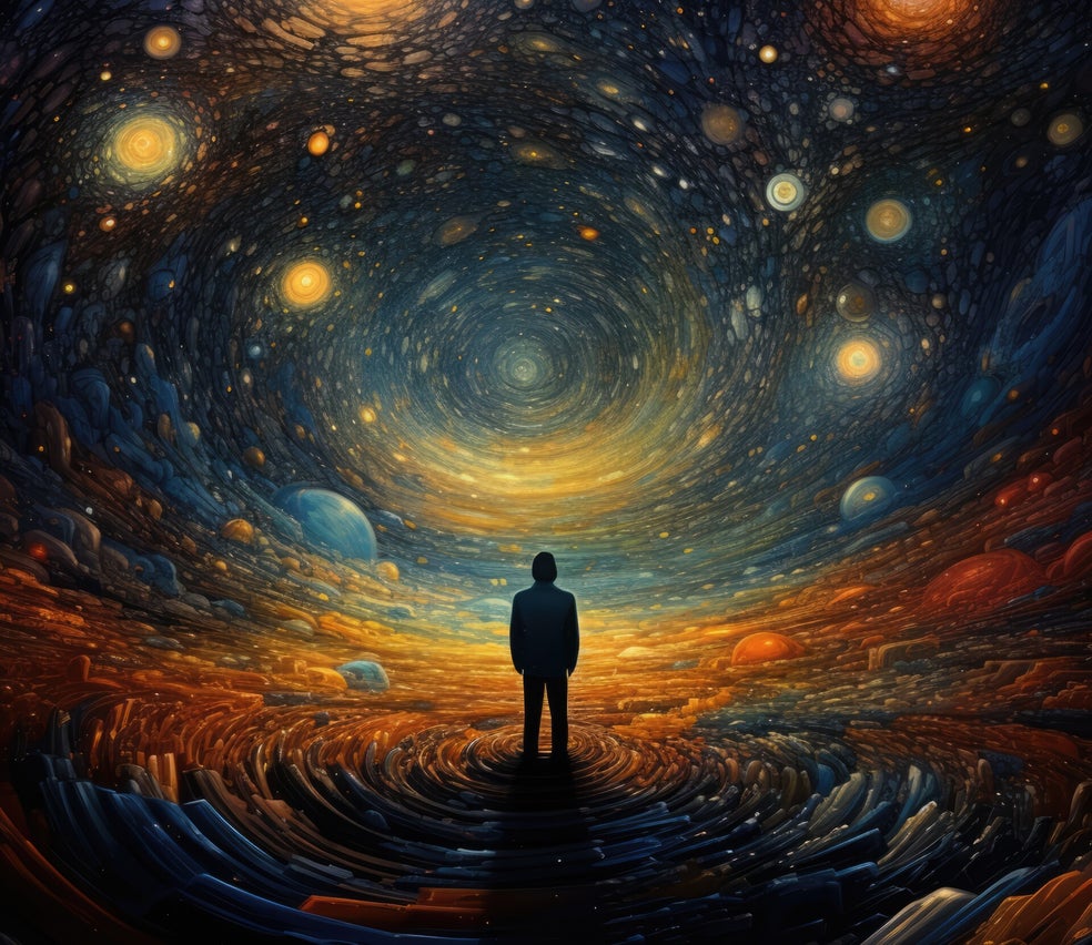 Eine silhouettenhafte Person steht in einer farbenfrohen, spiralförmigen Galaxie mit Planeten und Sternen im Hintergrund, Kontext Blog Mediumship & Research Institut für Medialität & Afterlife Forschung.