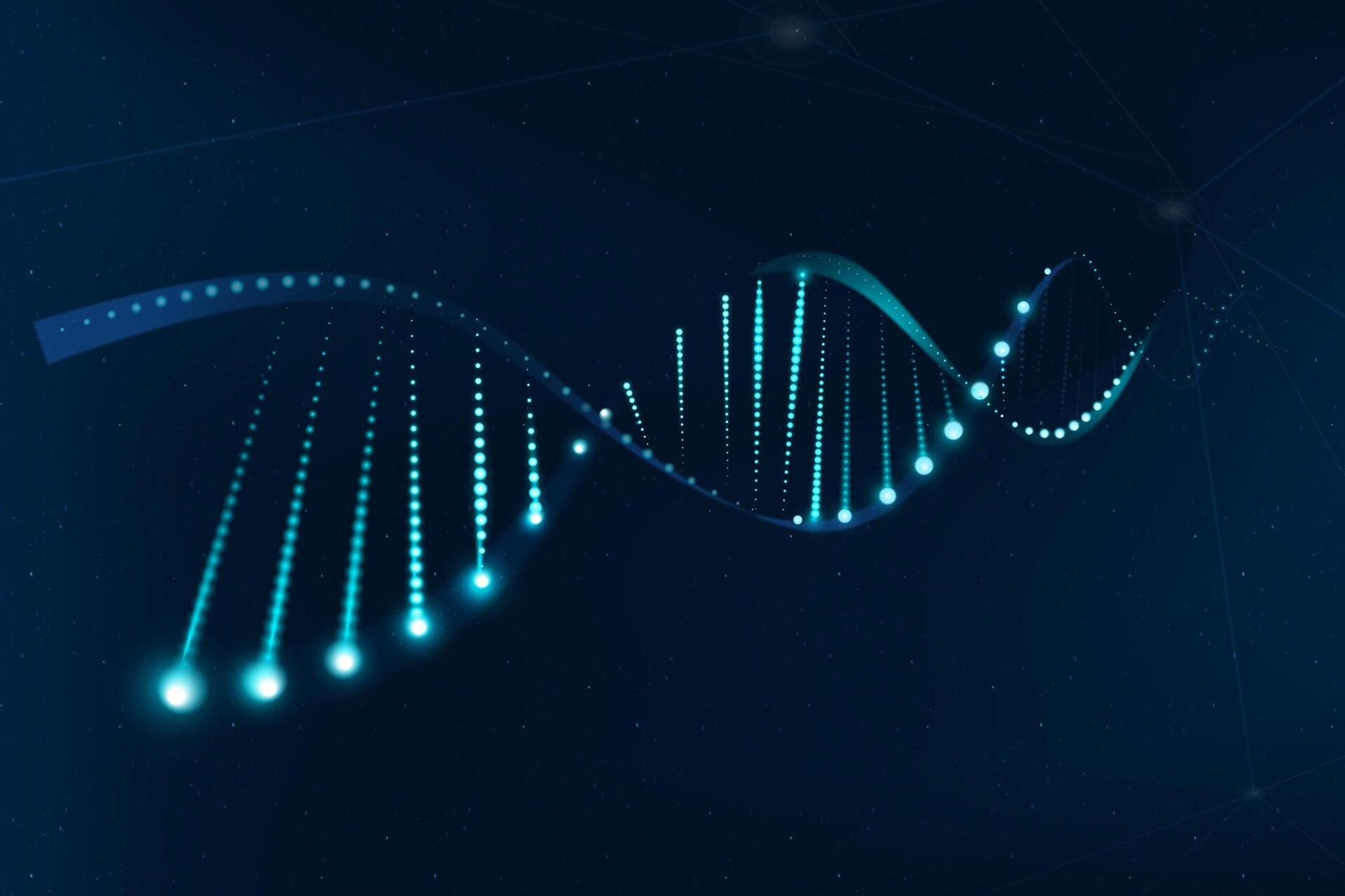 Grafik einer DNA-Doppelhelix mit leuchtenden blauen Punkten entlang der Stränge, die eine futuristische Darstellung von genetischer Biotechnologie zeigt, Kontext Blog Mediumship & Research Institut für Medialität & Afterlife Forschung.