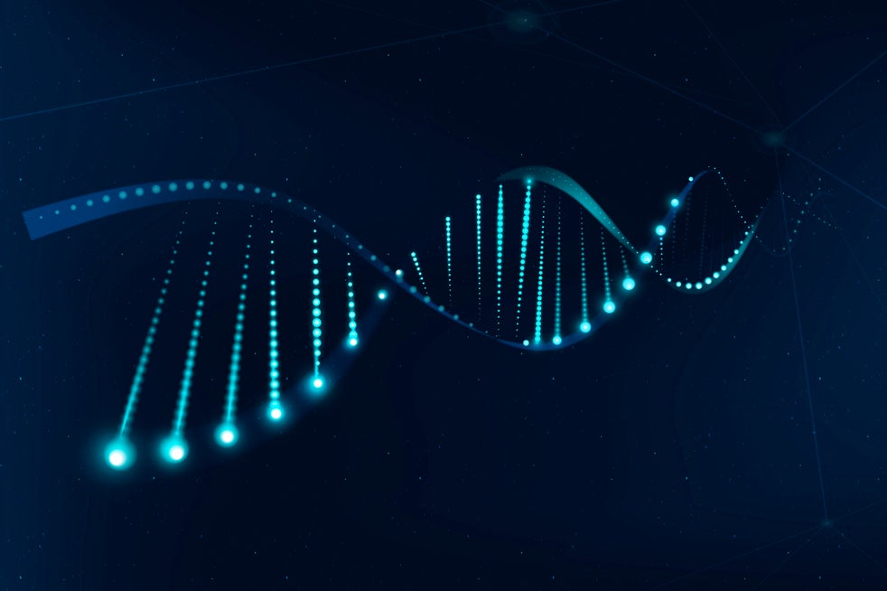 Grafik einer DNA-Doppelhelix mit leuchtenden blauen Punkten entlang der Stränge, die eine futuristische Darstellung von genetischer Biotechnologie zeigt, Kontext Blog Mediumship & Research Institut für Medialität & Afterlife Forschung.