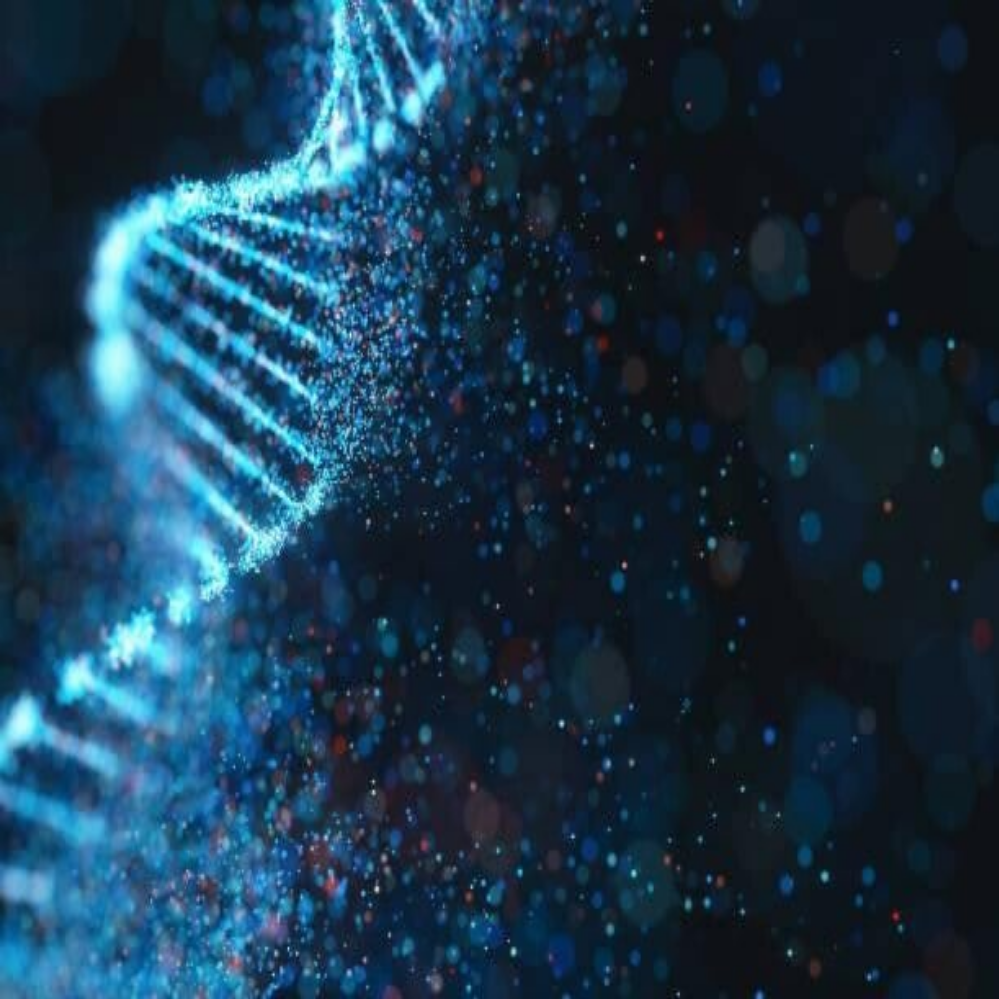 Grafik einer DNA-Doppelhelix mit leuchtenden blauen Punkten entlang der Stränge, die eine futuristische Darstellung von genetischer Biotechnologie zeigt, Kontext  Blog Jenseitskontakte Jana Lorenz,