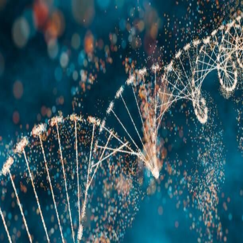 Leuchtende blaue DNA-Doppelhelix aus Partikeln vor dunklem Hintergrund, symbolisch für genetische Informationen, Kontext Blog Jenseitskontakte Jana Lorenz.