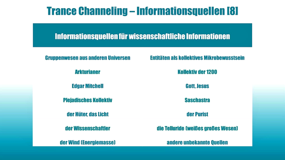 Tabelle mit dem Titel 'Trance Channeling – Informationsquellen'. Aufgelistet sind Gruppen und Entitäten wie Arkturianer, Edgar Mitchell, das Pleiadische Kollektiv, der Hüter, das Licht, der Wissensschaffer und der Wind (Energiesame).