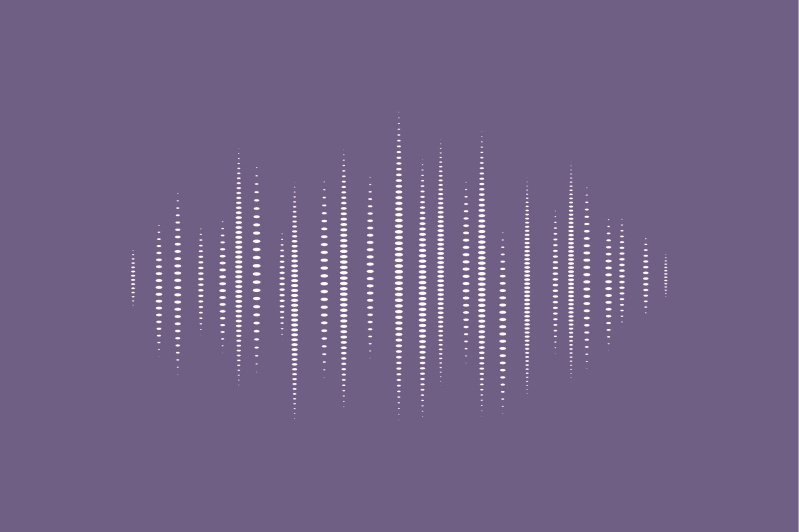 Symmetrische, vertikal angeordnete Punkte in unterschiedlicher Höhe auf violettem Hintergrund, die eine Schallwellenform darstellen, im Kontext Jenseitskontakte Jana Lorenz.