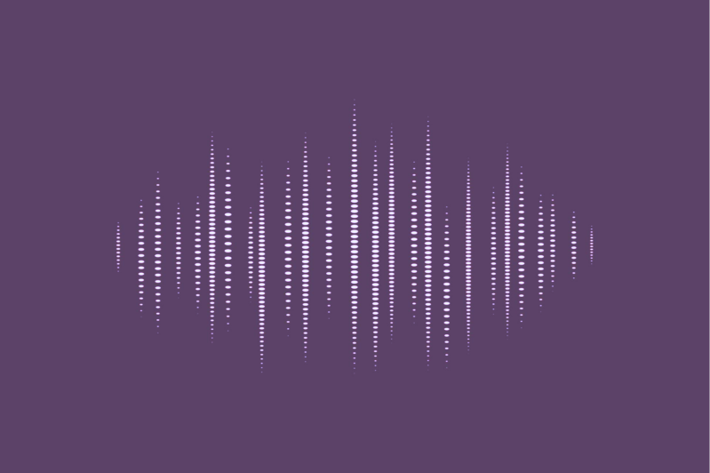 Symmetrische, vertikal angeordnete Punkte in unterschiedlicher Höhe auf violettem Hintergrund, die eine Schallwellenform darstellen, im Kontext Jenseitskontakte Jana Lorenz.
