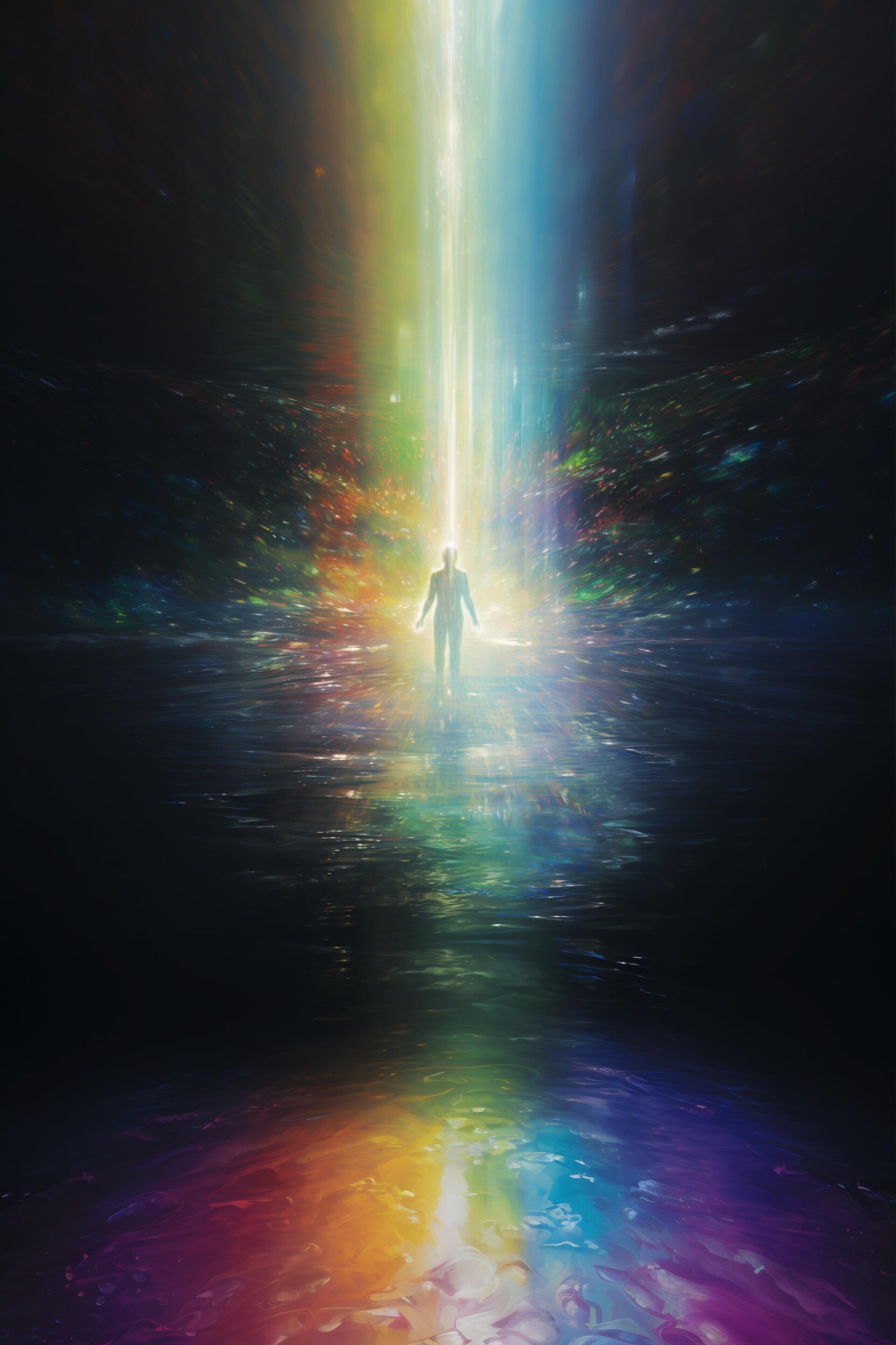 Silhouette einer stehenden Person, umgeben von einem leuchtenden, mehrfarbigen Lichtstrahl, der von oben nach unten verläuft, Kontext Blog Mediumship & Research Institut für Medialität & Afterlife Forschung.