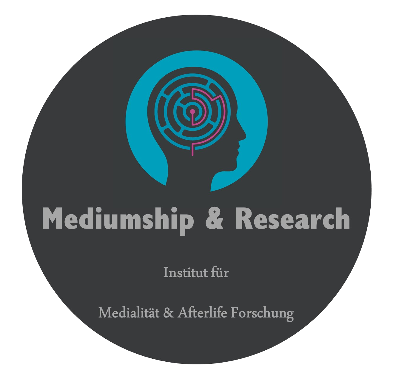 Logo des Instituts für Medialität & Afterlife Forschung. Silhouette eines Kopfes mit einem Labyrinth im Inneren, darunter der Text 'Mediumship & Research' und 'Institut für Medialität & Afterlife Forschung'.