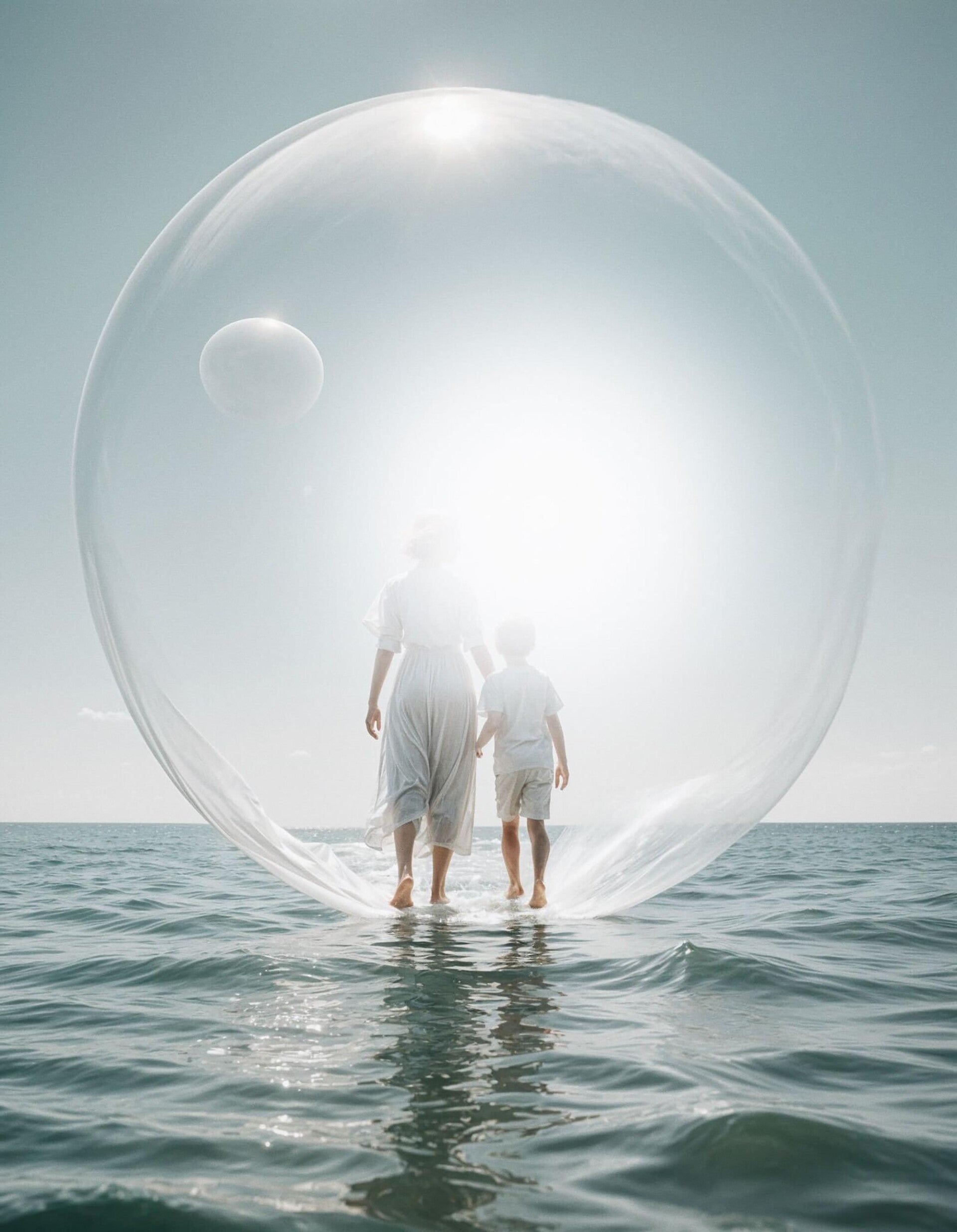Eine Frau und ein Junge stehen in einem großen, transparenten Blasenformat über dem Wasser. Die Sonne strahlt hell hinter ihnen, während sie barfuß im Wasser stehen, Kontext Blog Jenseitskontakte Jana Lorenz.