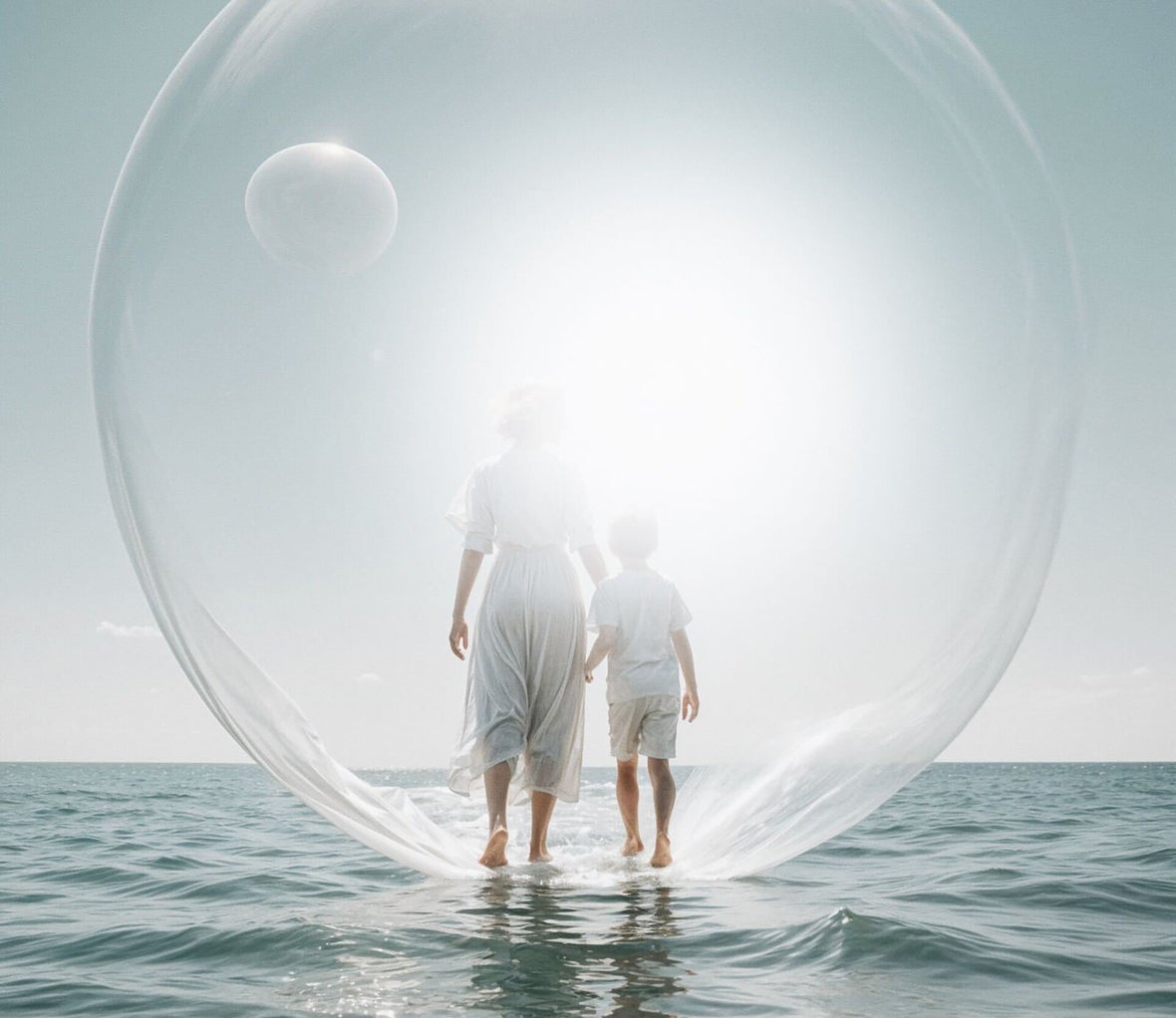 Eine Frau und ein Junge stehen in einem großen, transparenten Blasenformat über dem Wasser. Die Sonne strahlt hell hinter ihnen, während sie barfuß im Wasser stehen, Kontext Blog Mediumship & Research Institut für Medialität & Afterlife Forschung.