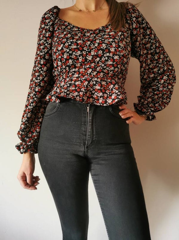 Bluzka z długim rękawem Sinsay r. 38 M kolor czarny kwiatki