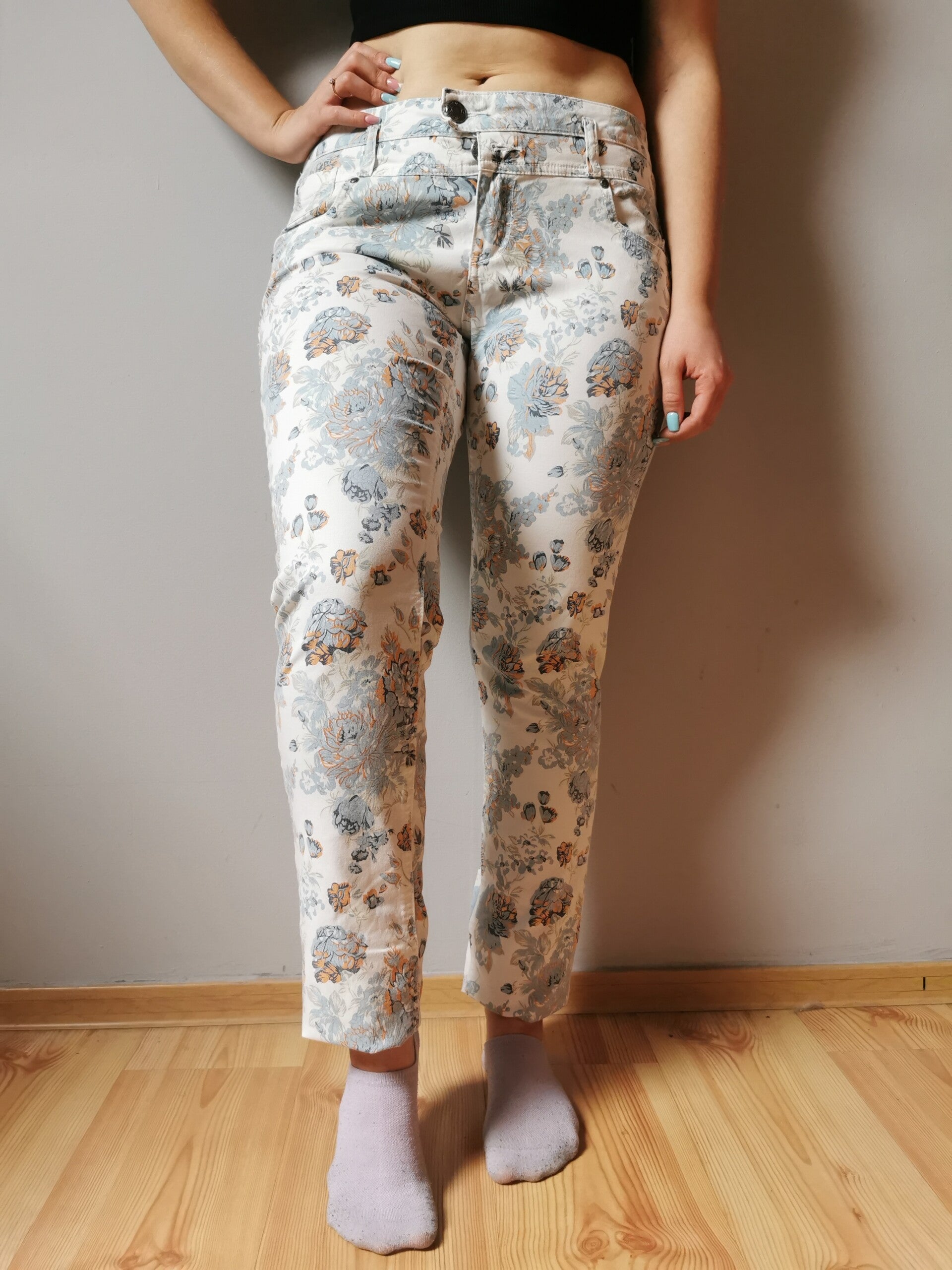 Jeansy Pulz Jeans r. 42 XL kolor biały wzór kwiaty wysoki stan