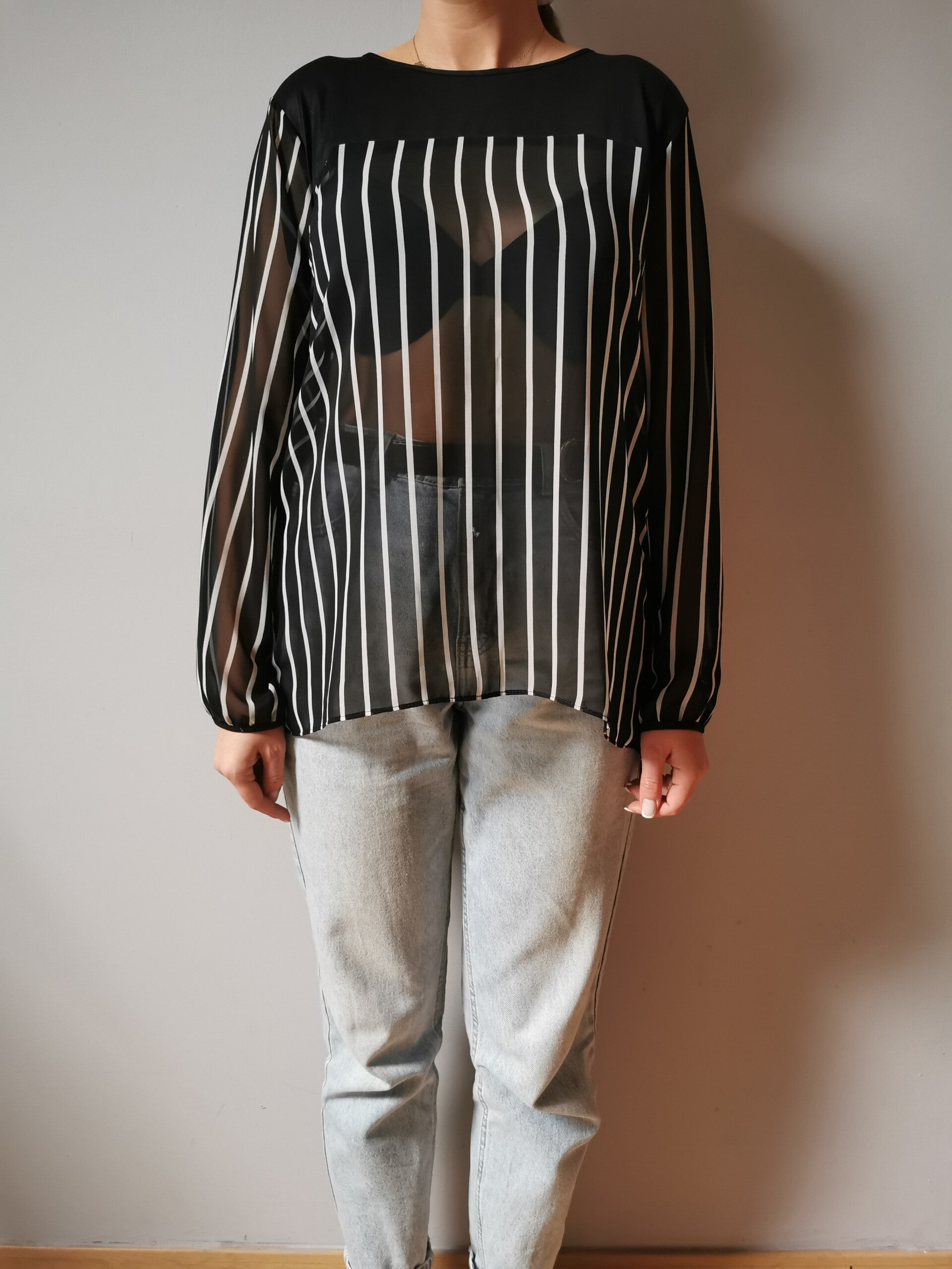 Bluzka z długim rękawem - prześwitująca Mergazzer r. 40 L kolor czarny biały