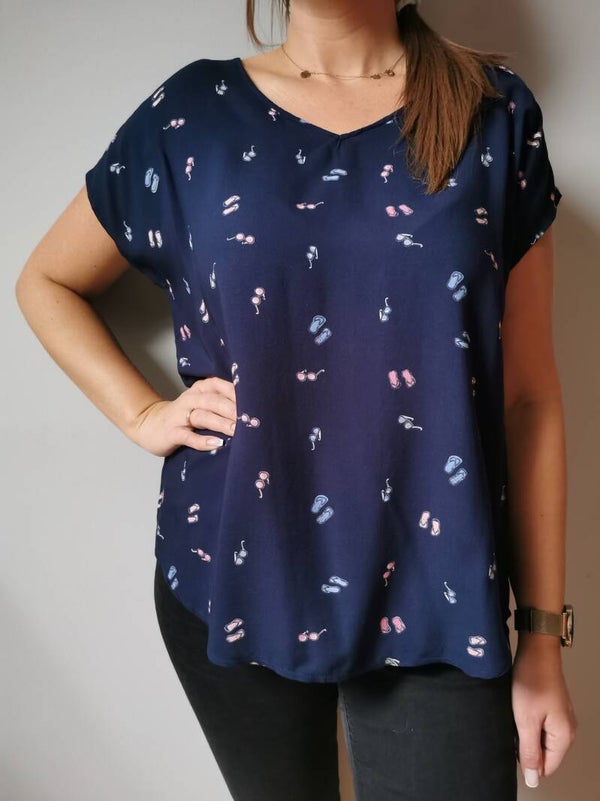 Bluzka z krótkim rękawem UP Fashion r. 36 S kolor granatowy niebieski różowy