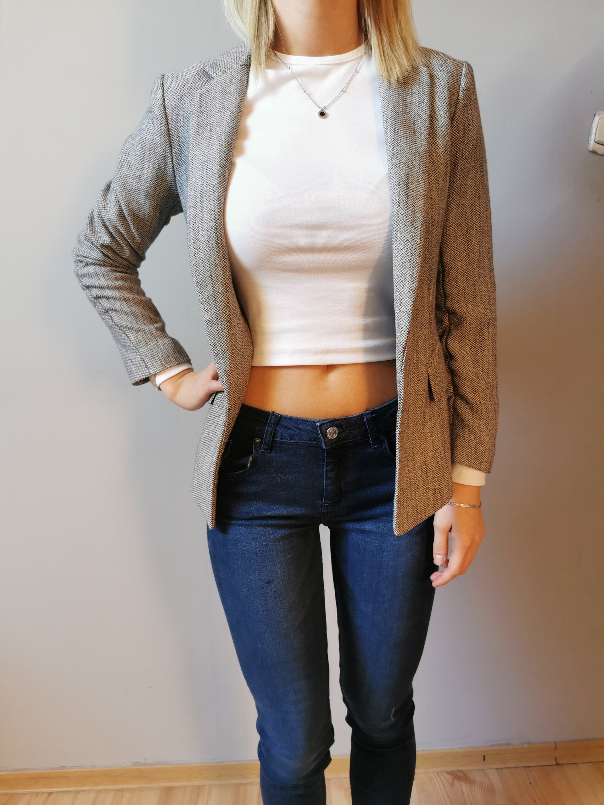 Marynarka - marszczony rękaw H&M r. 34 XS kolor szary melanż