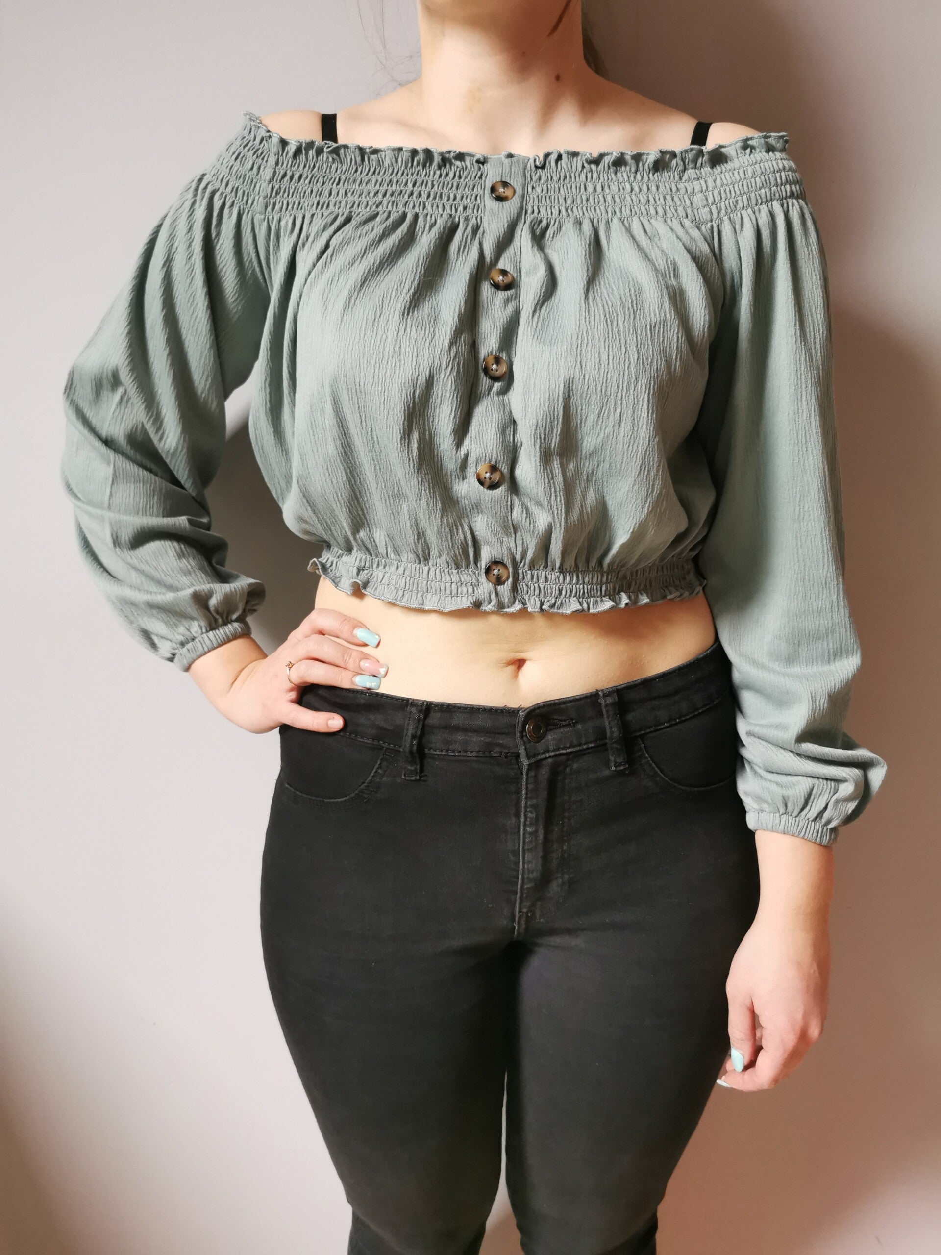 Bluzka z długim rękawem - elegancka H&M r. 38 M kolor zielonkawy