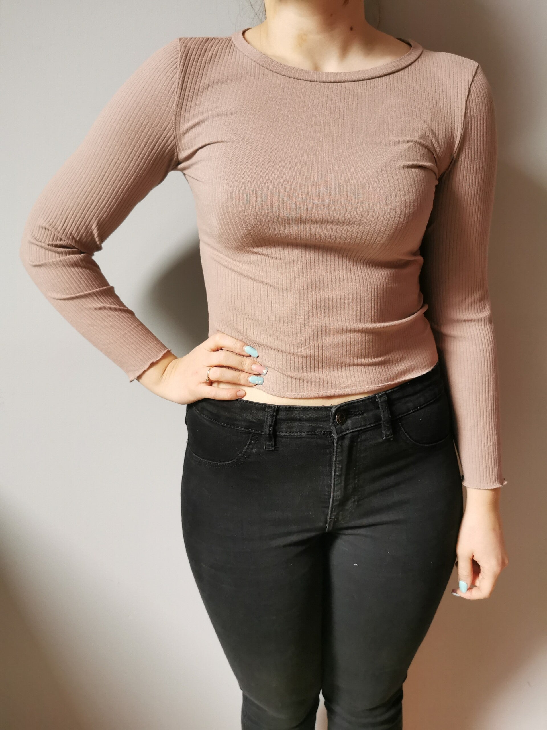 Bluzka z długim rękawem - prążek Sinsay r. 34 XS kolor brudny róż