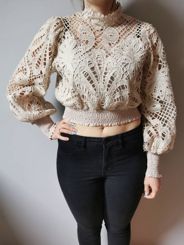 Bluzka z długim rękawem elegancka, koronkowa Lamiar r. 38 M kolor beżowy