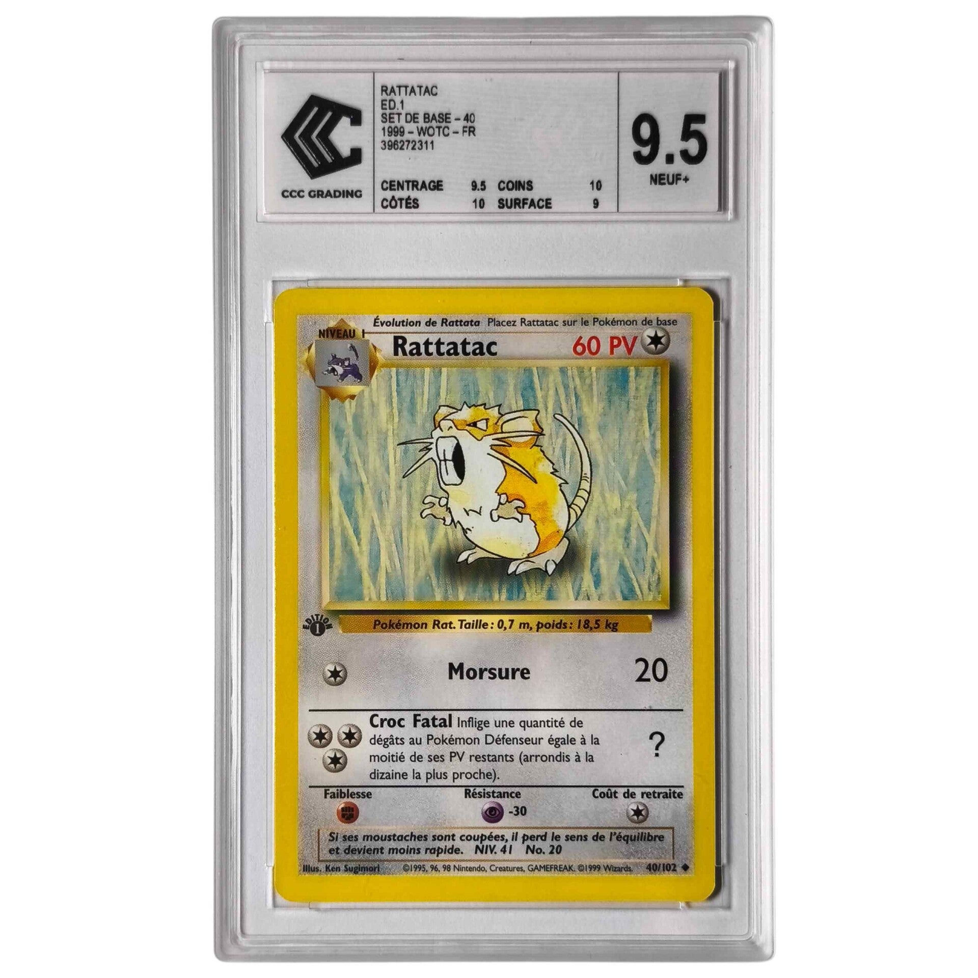 Rattatac #40/102 – Pokémon Set de Base Édition 1 – CCC 9.5 – Carte Française 🇫🇷