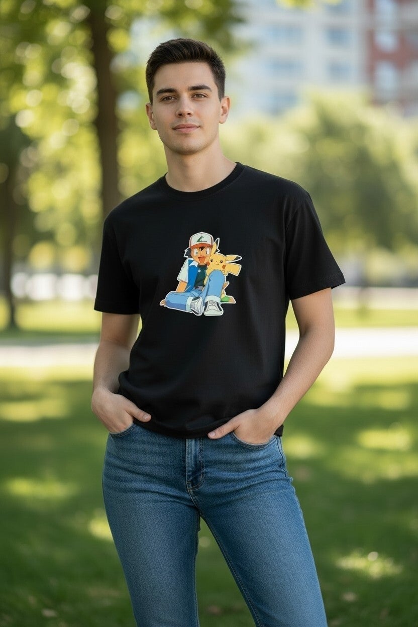 🏷️ Titre produit  T-Shirt Pokémon Sacha & Pikachu Oversize – Tee Culture Officiel