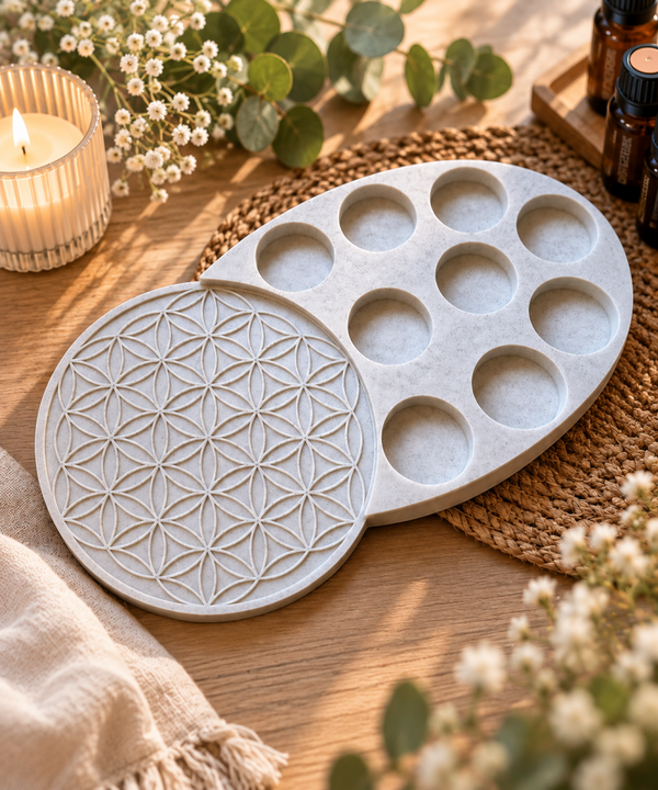 Diffuser-Ablage und Öl Halter- „Blume des Lebens“ | Platz für Diffuser + 9 Öle à 15 ml