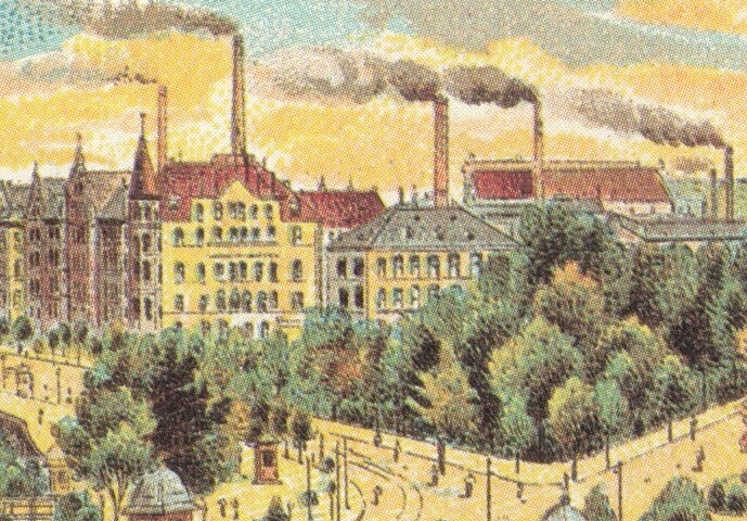 Luftaufnahme der Umgebung um den Feuerweg 1927. Am unteren Bildrand ist der Kohlenhof zu erkennen. Am rechten Bildrand verläuft von Norden nach Süden die Steinbühler Straße.