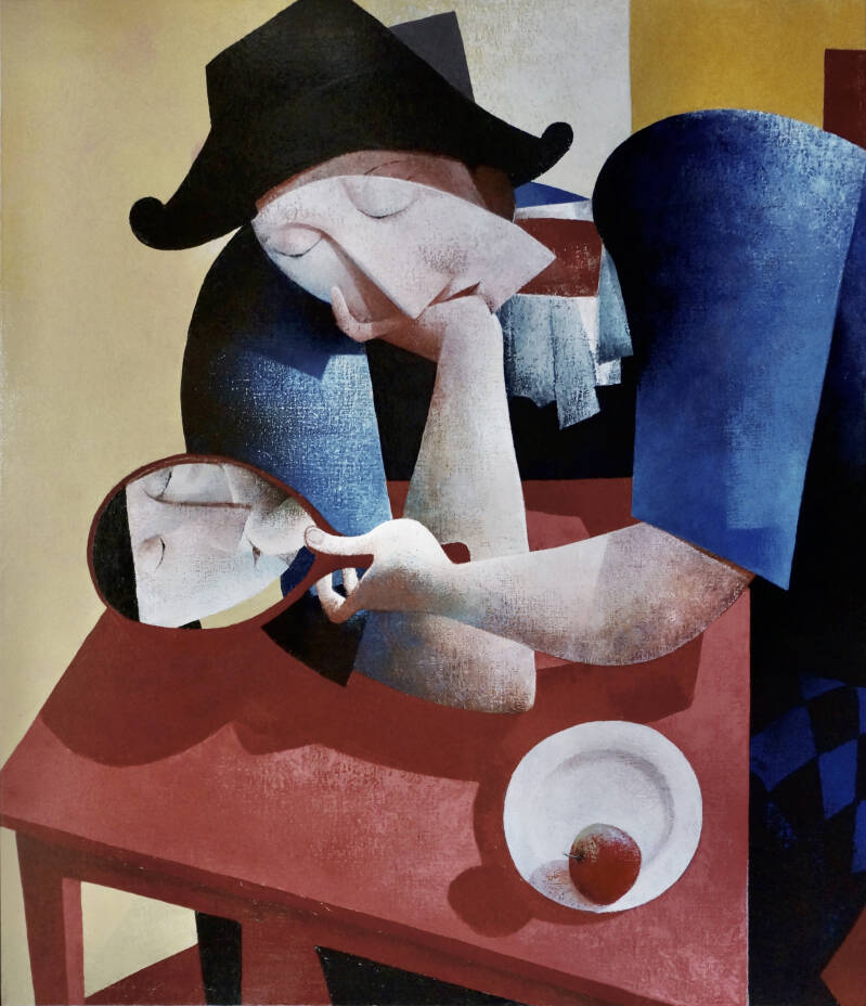 Clown with Mirror (Masked Clown), 140 x 120 cm. (sold)