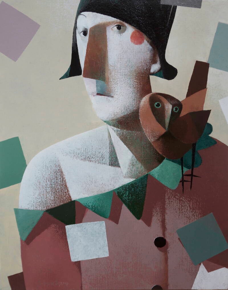 Harlequin with Owl, 100 x 80 cm
