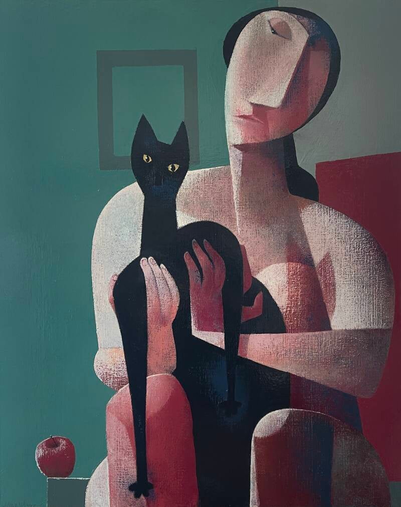 Zittende Vrouw met zwarte Kat, 100 x 80 cm