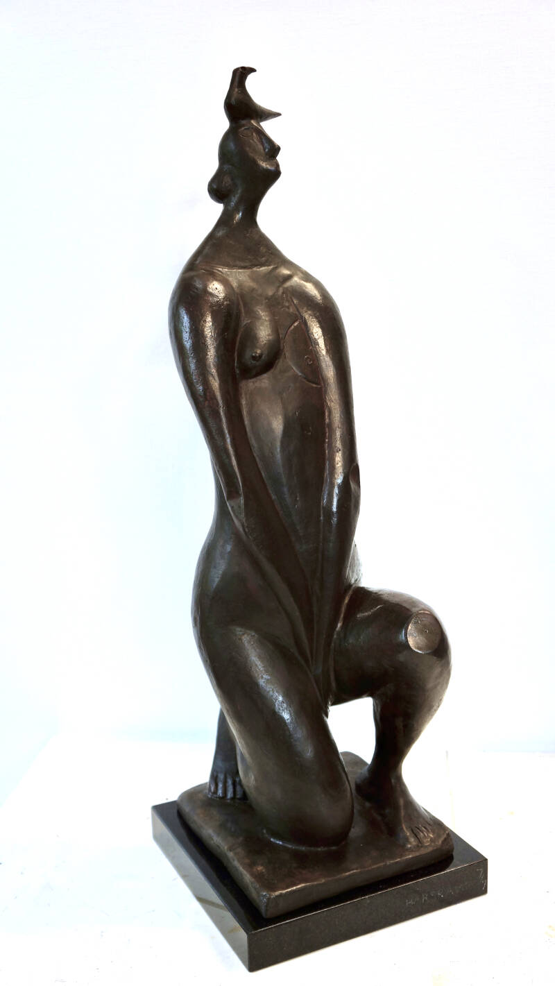 Kneeling Woman with bird, bronze (sold)