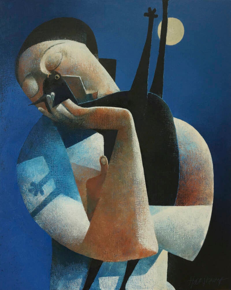 Woman with Cat in Moonlight, 100 x 80 cm. (Galerie A-quadraat, Vorden)