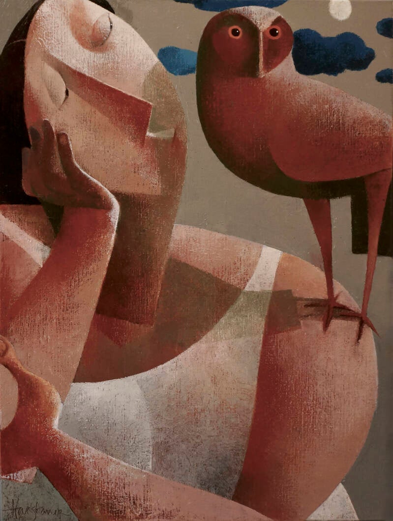 Woman with Owl in Moonlight, 60 x 80 cm. (at Kunsthaus Bühler, Stuttgart)