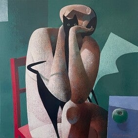 Woman with black Cat, 100 x 100 cm