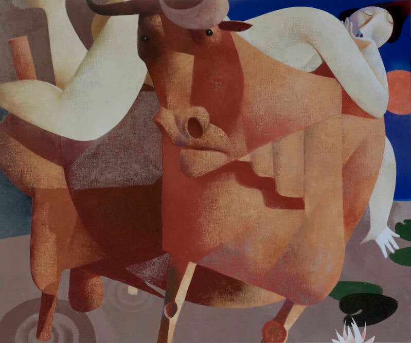 Woman with Bull and Waterlilies, 100 x 120 cm