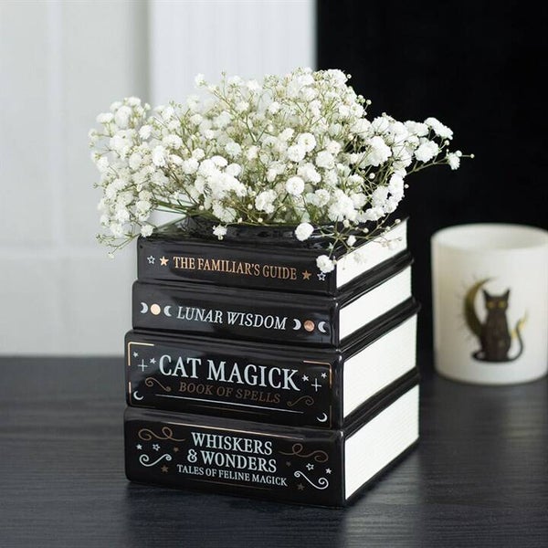 Black Cat Magic Book Stack Vase