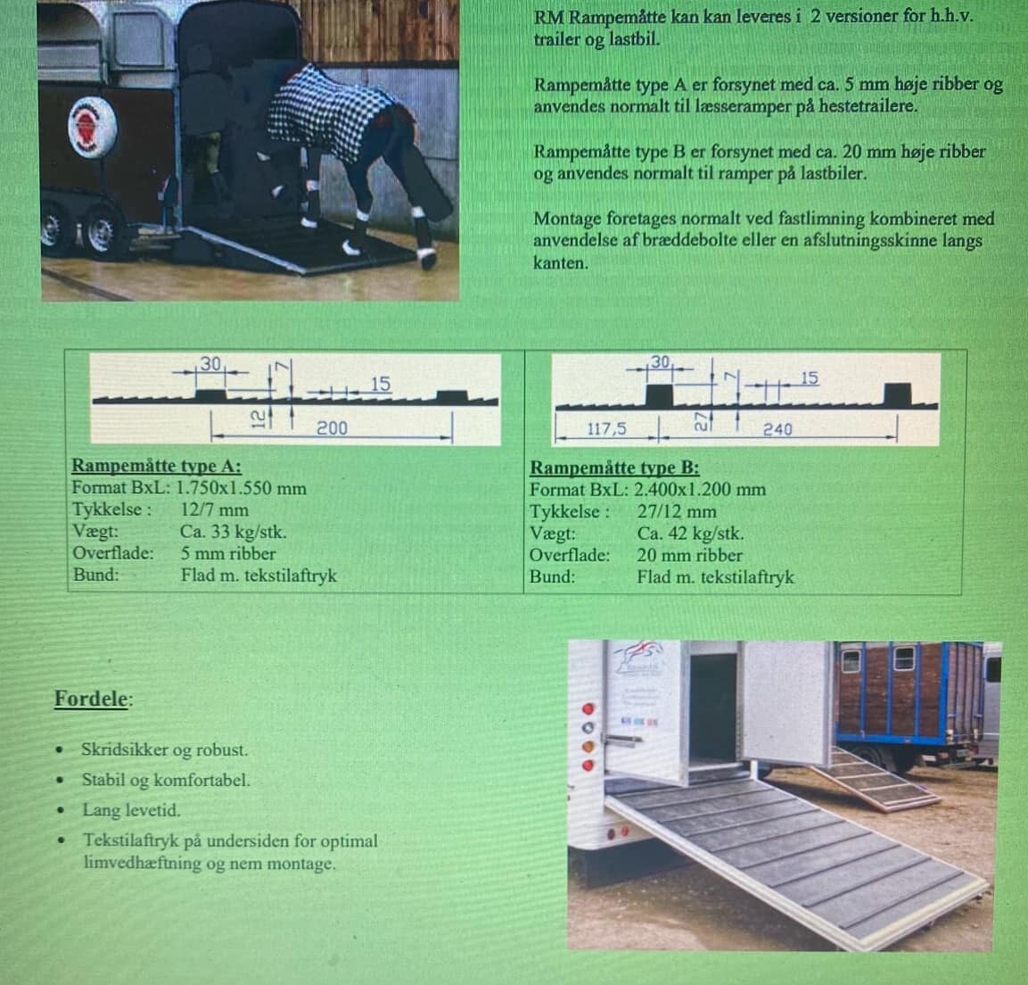 ErgoFloor rampematte til hestehenger. 155,7 x 175 cm. 5 mm ribber.