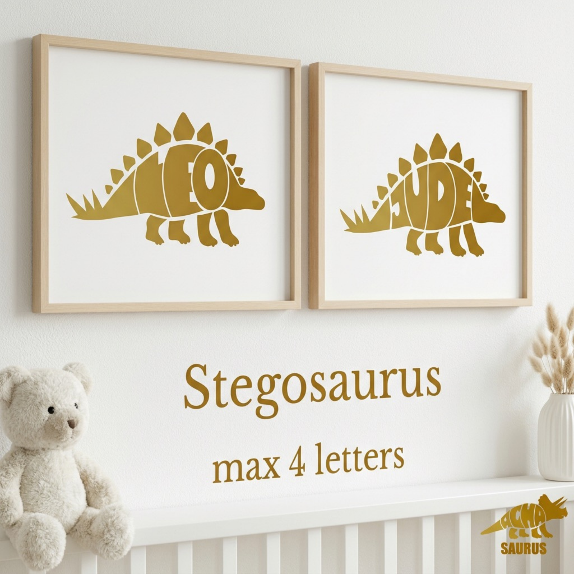 A friendly, hand-drawn illustration of a Stegosaurus with bright, colourful plates along its back and a spiked tail. The dinosaur has a gentle expression, representing individuality and a one-of-a-kind spirit. Seen in Mineral Teal.