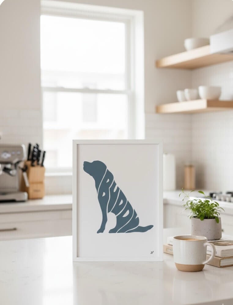 Dog portrait in Nordic slate grey hanging in a contemporary white kitchen, demonstrating the cool, architectural quality of blue-toned grey"