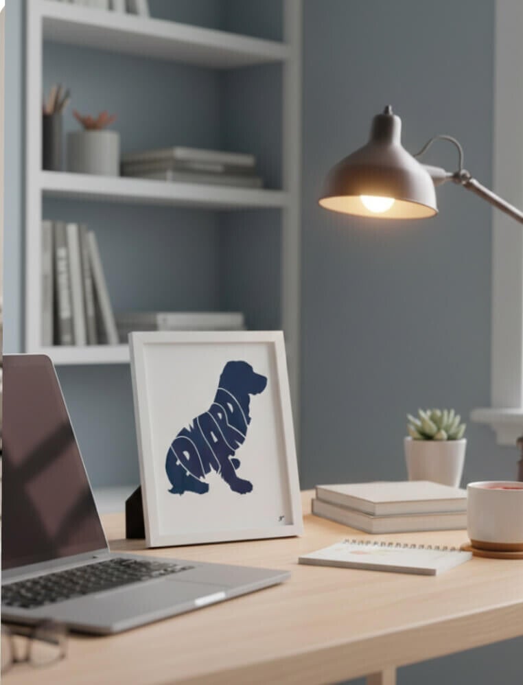 A navy blue typographic silhouette of a sitting spaniel with the name "EDWARD" integrated into the design. The white-framed print is displayed on a wooden desk in a modern study next to a laptop and a warm desk lamp.