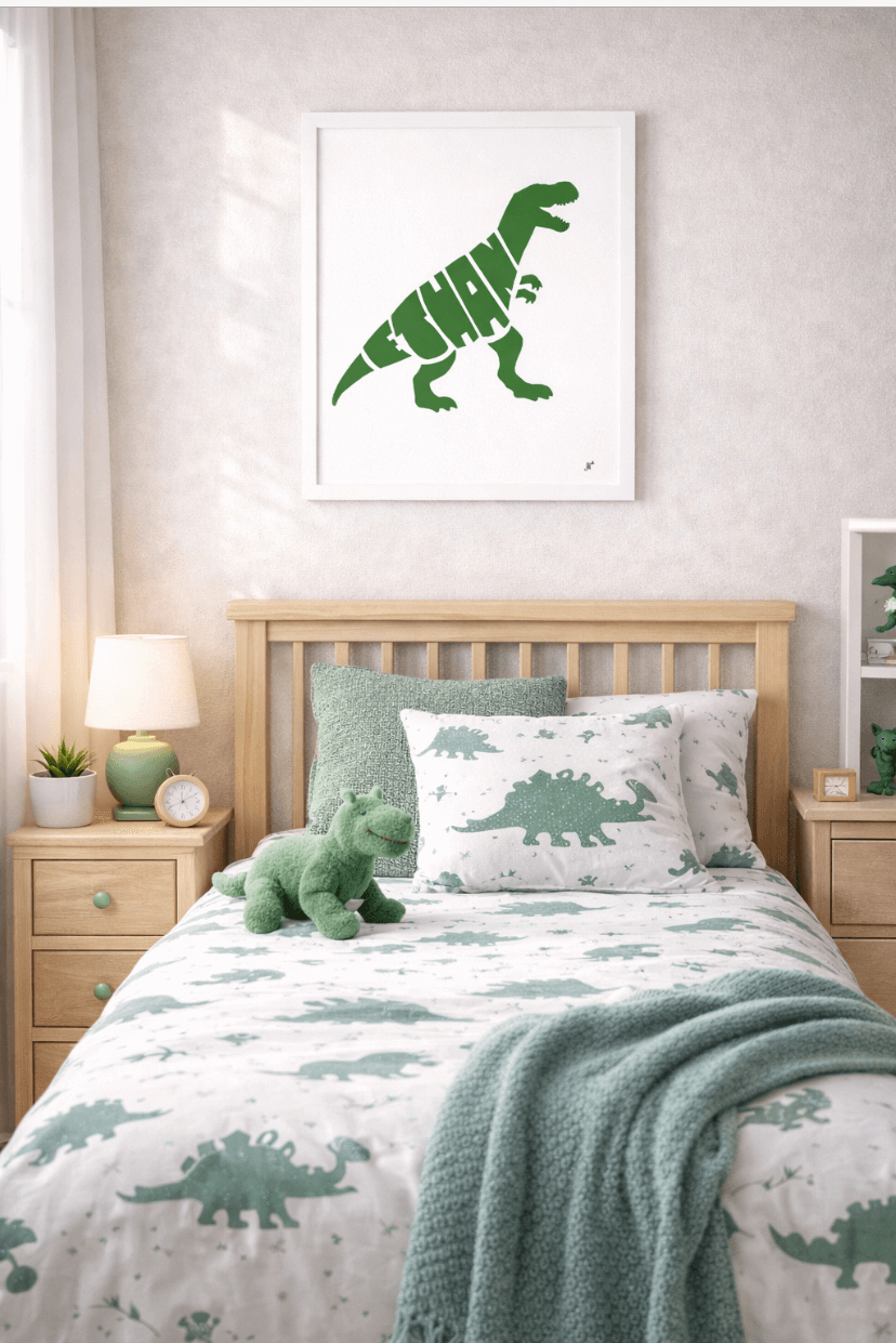A bold, smiling Tyrannosaurus Rex standing tall with small arms and a powerful tail. The illustration uses bright, energetic colours to represent confidence, leadership, and a big personality. Seen in Jurassic Green.