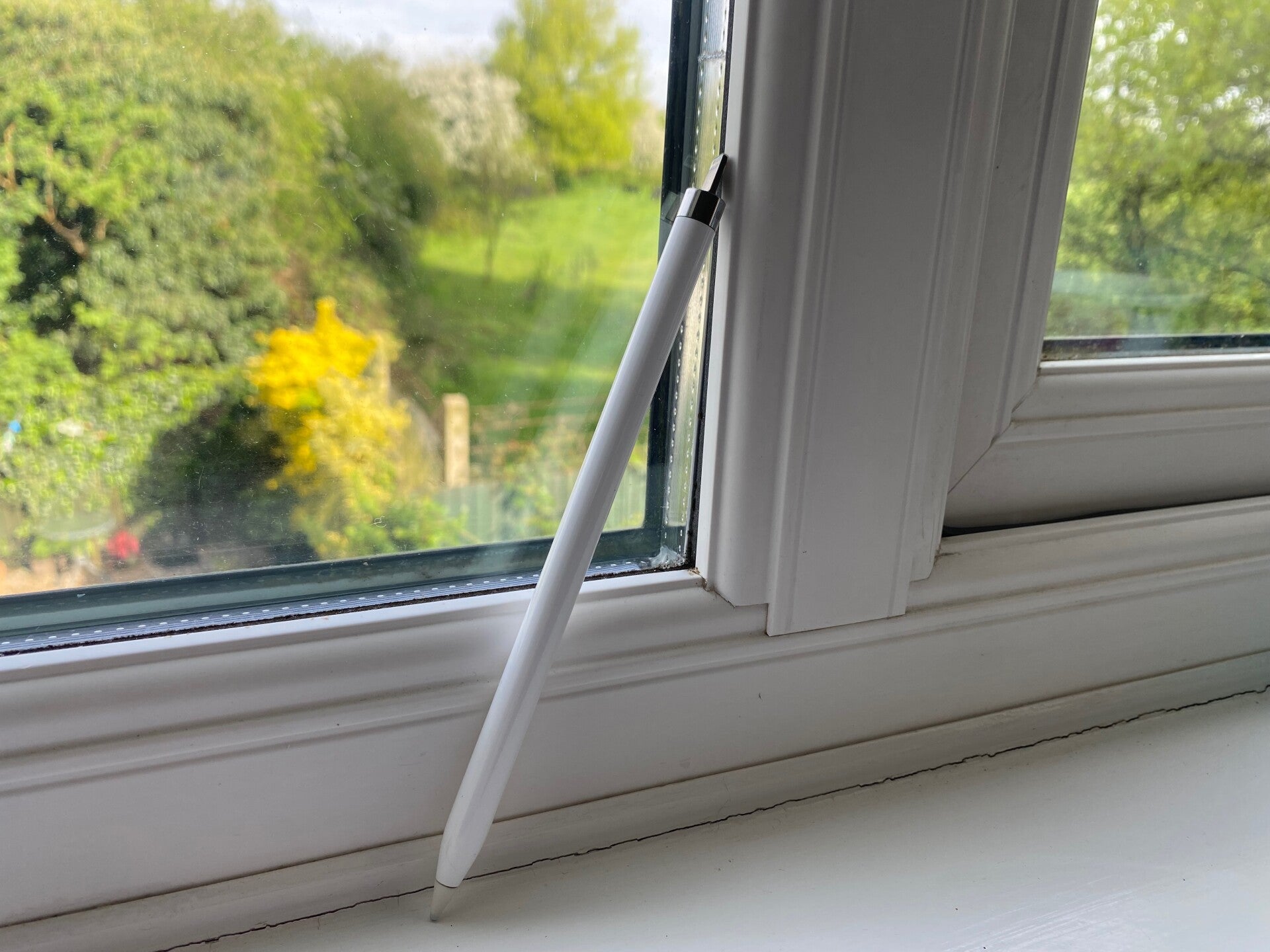 An Apple Pencil leaning against a white window frame with a view of a lush green garden and blooming trees in the background. This highlights the digital hand-drawing process used to create the bespoke silhouettes.