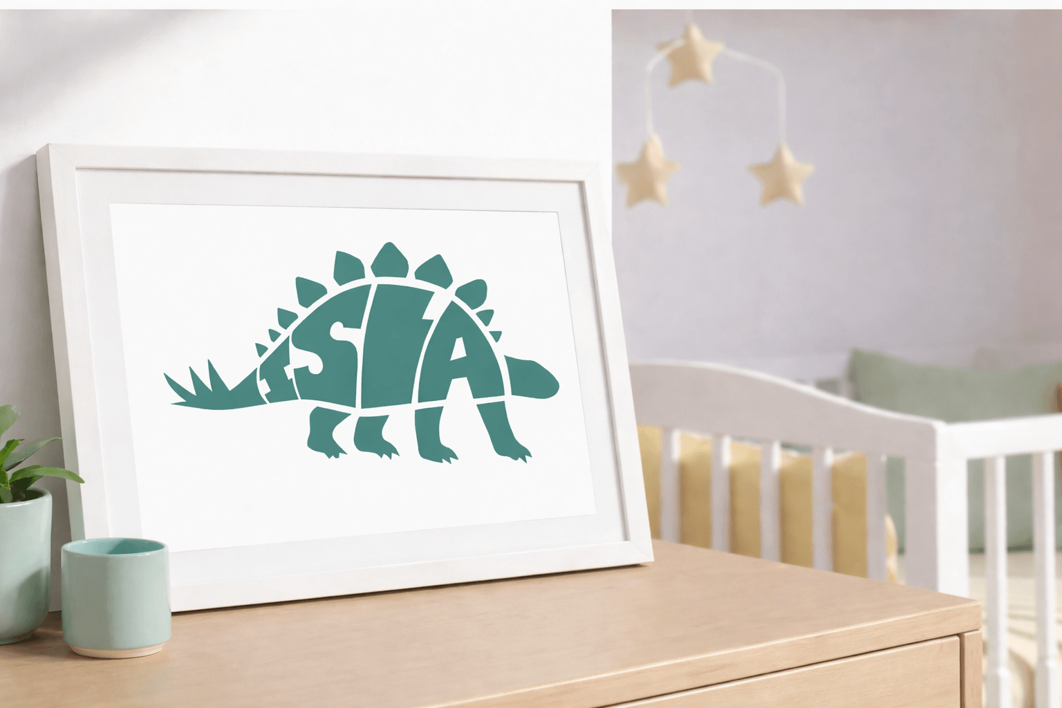 A friendly, hand-drawn illustration of a Stegosaurus with bright, colourful plates along its back and a spiked tail. The dinosaur has a gentle expression, representing individuality and a one-of-a-kind spirit. Seen in Mineral Teal.